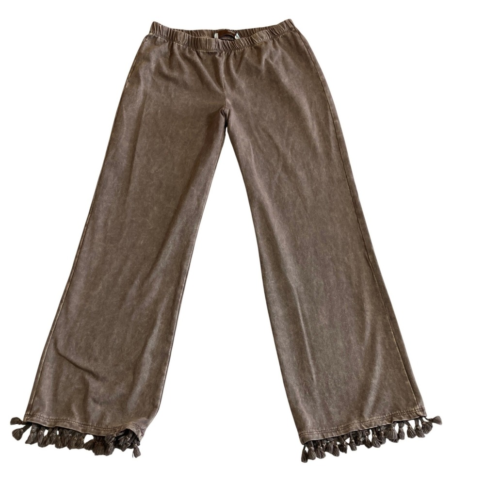 Chatoyant Medium Brown Mineral Wash Tassel Fringe Flare‎ Wide Leg Pants C-30360